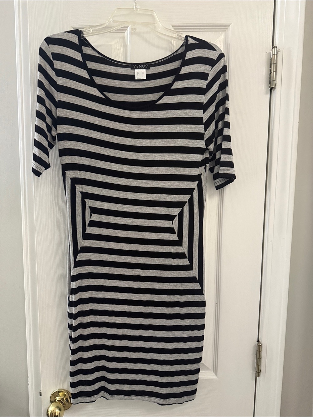 VENUS Black and Gray Striped Scoop-Neck Midi Dress